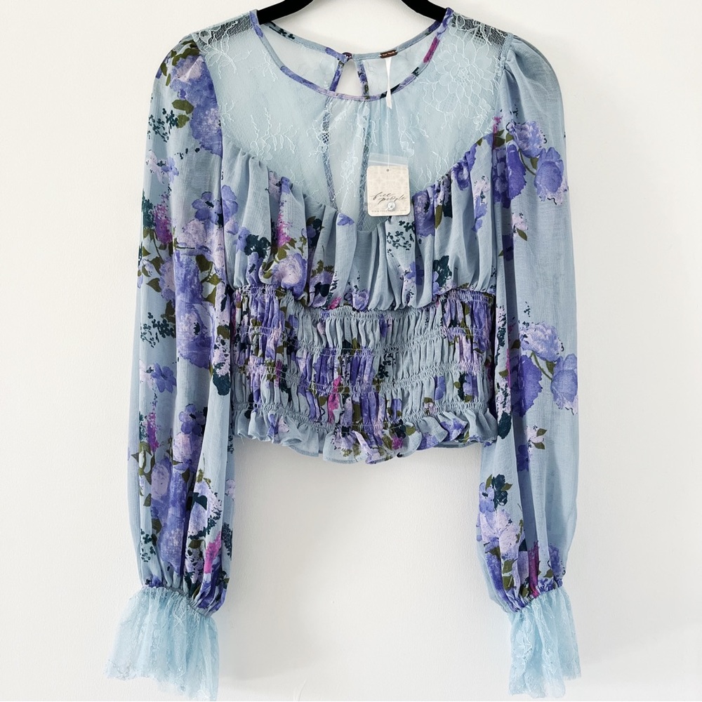 NWT Free People Daphne Blouse in Silver Blue Combo - XS